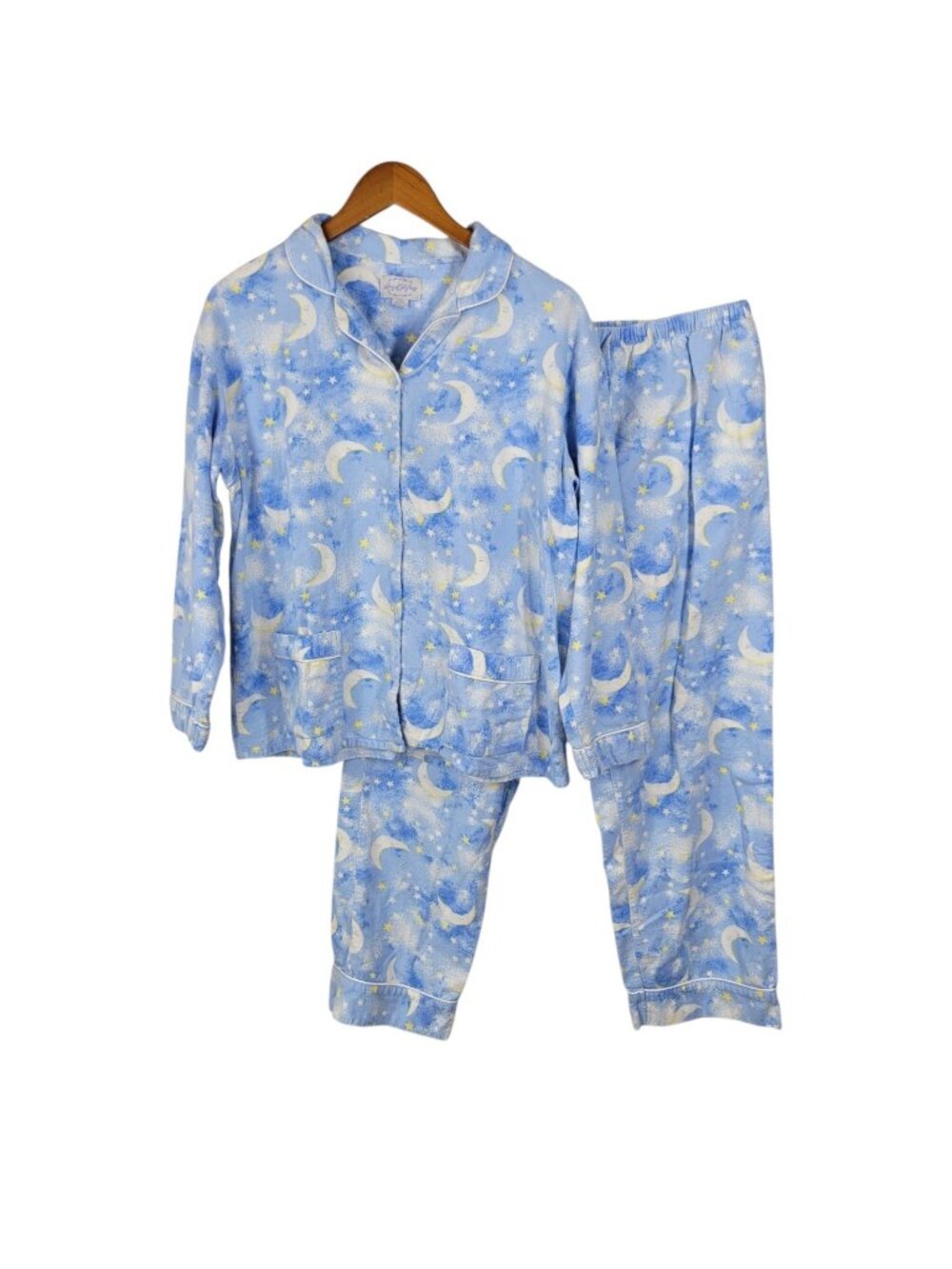 Lanz of Salzburg Flannel Pajama Set Blue Moons & Stars Medium Pants Top Vintage